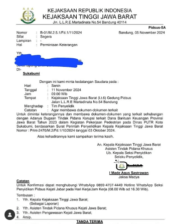 Surat Permintaan Keterangan Kejati Jabar Terkait Dugaan Korupsi Proyek Pedestrian Kota Sukabumi Viral di Media Sosial 1 Screenshot 2024 11 11 203917